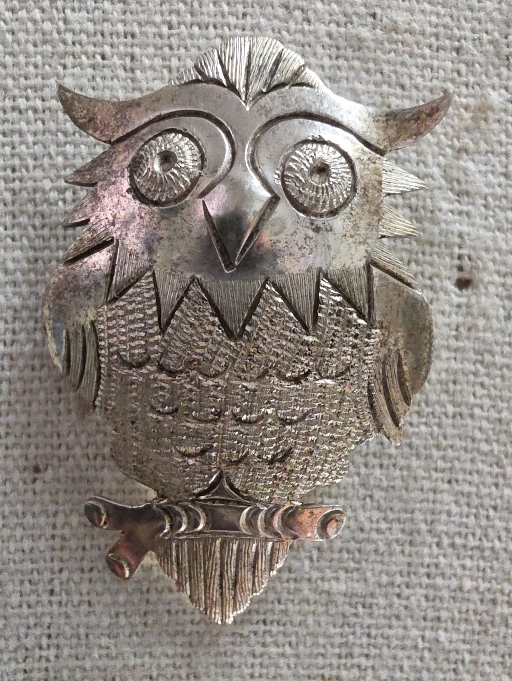 Vintage Alpaca Silver Owl Hecho En  Mexico Folk Art Brooch